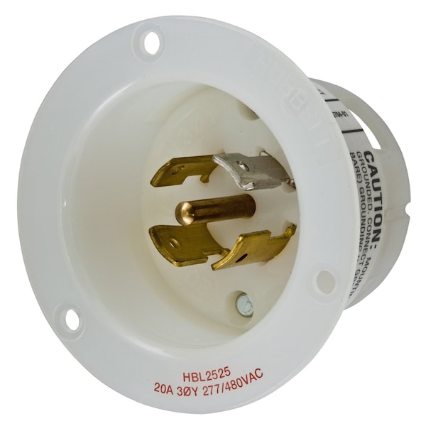 Hubbell Wiring Device-Kellems Flanged Locking Inlet, 20 A, 277/480V AC, Three Phase, 4 Pole, Screw Terminals, White HBL2525 - main